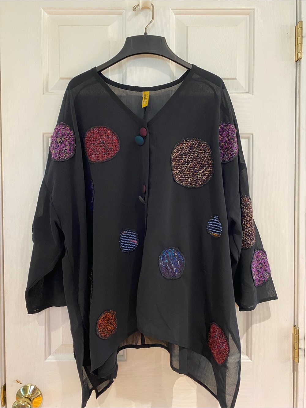 Vintage Black Sheer Tunic with Multicolor Textured Circle Appliqués